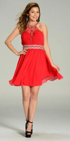 Poly USA | Ed Young 7236 Short Chiffon A Line Dress Beaded Halter Neck(Short Chiffon A Line Dress Red Beaded Halter Neck Sheer Back)