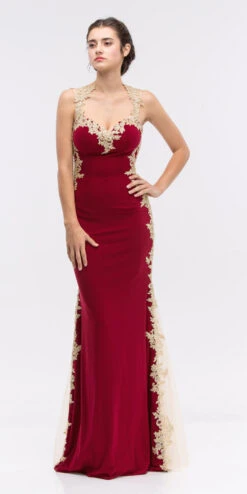 Eureka 6006 Sheath Mermaid Silhouette Gown Lace Trim(Sheath Mermaid Silhouette Gown Burgundy Floor Length Lace Trim)