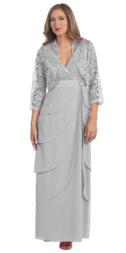 Sally Fashion 8729 V-Neck Long Dress Empire Lace Chiffon Include Lace Jacket(Dusty Rose V Neck Long Dress Empire Lace Chiffon Include Lace Jacket)