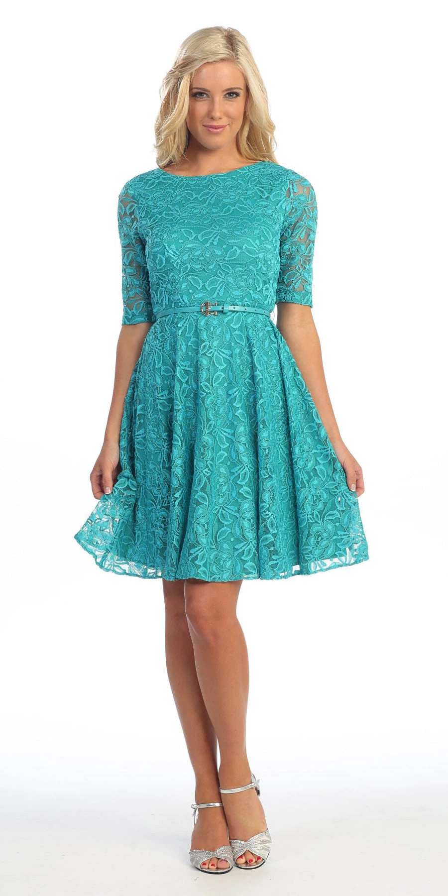 Celavie 2367 Lace Dress Short Removable Belt Mid Sleeves(Cute And Casual Emerald Lace Dress Short Removable Belt Mid Sleeves) 1 Celavie 2367 Lace Dress Short Removable Belt Mid Sleeves(Cute And Casual Emerald Lace Dress Short Removable Belt Mid Sleeves)