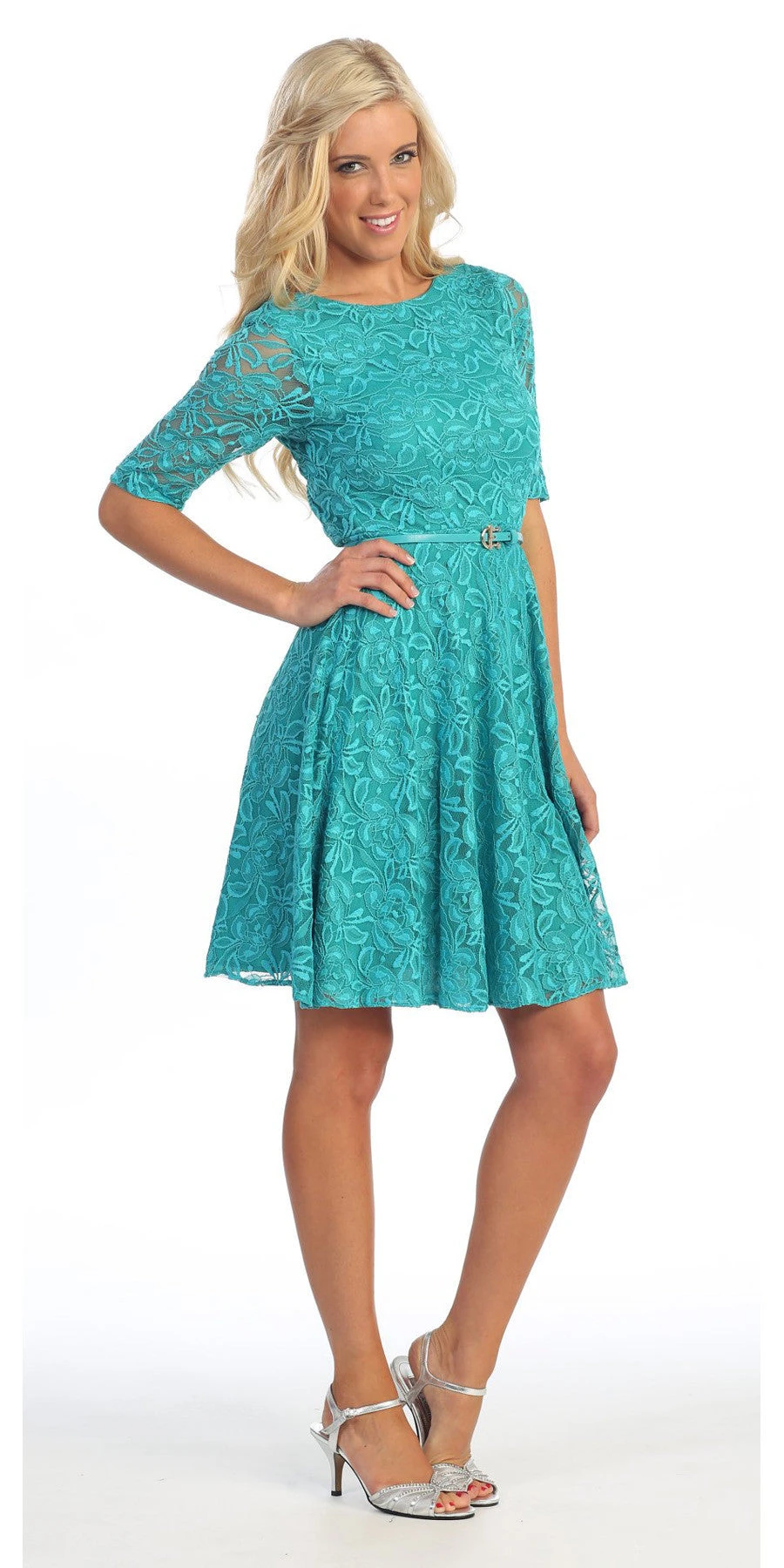 Celavie 2367 Lace Dress Short Removable Belt Mid Sleeves(Cute And Casual Emerald Lace Dress Short Removable Belt Mid Sleeves) 7 Celavie 2367 Lace Dress Short Removable Belt Mid Sleeves(Cute And Casual Emerald Lace Dress Short Removable Belt Mid Sleeves) - Image 7