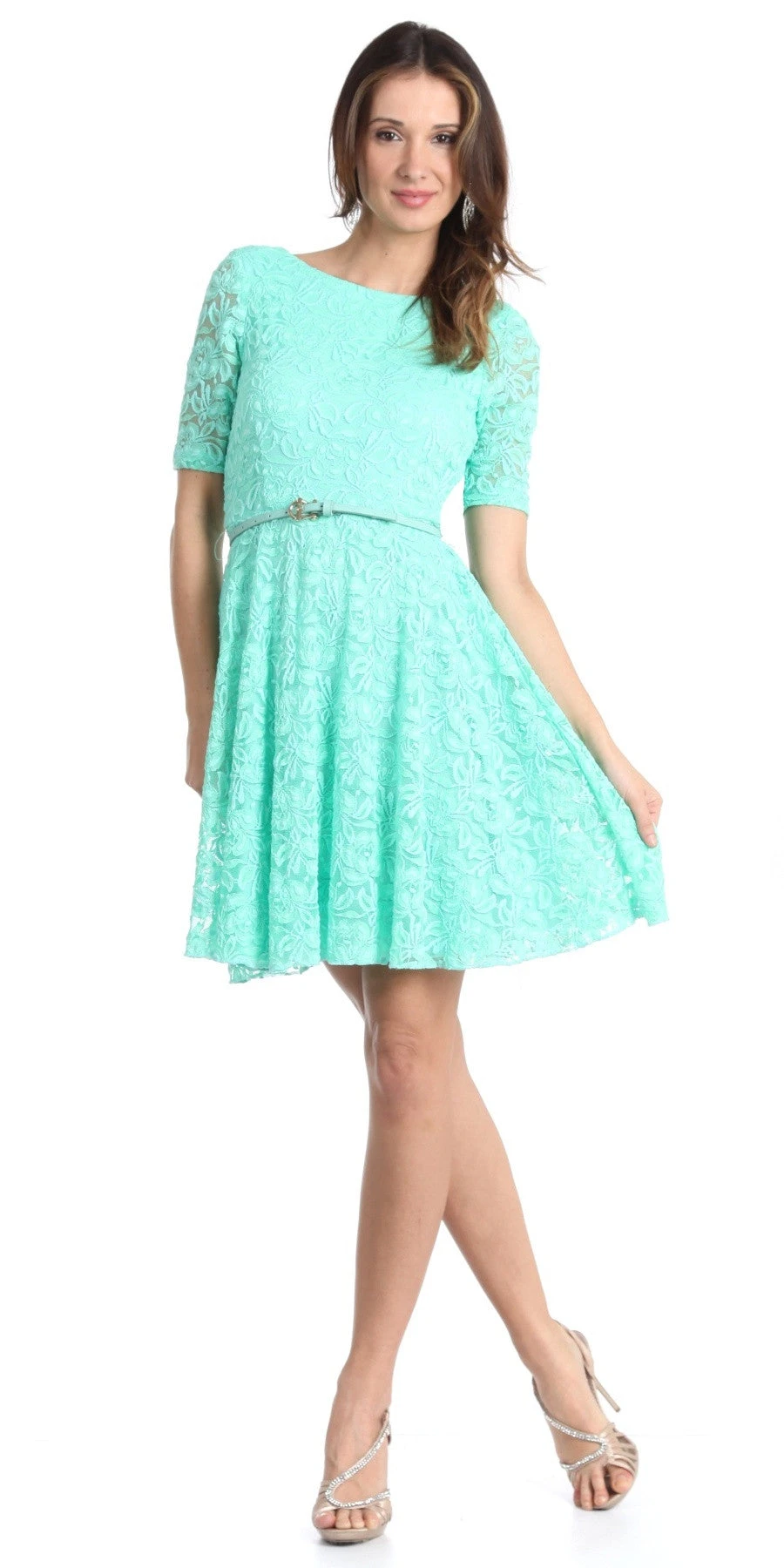 Celavie 2367 Lace Dress Short Removable Belt Mid Sleeves(Cute And Casual Emerald Lace Dress Short Removable Belt Mid Sleeves) 2 Celavie 2367 Lace Dress Short Removable Belt Mid Sleeves(Cute And Casual Emerald Lace Dress Short Removable Belt Mid Sleeves) - Image 2