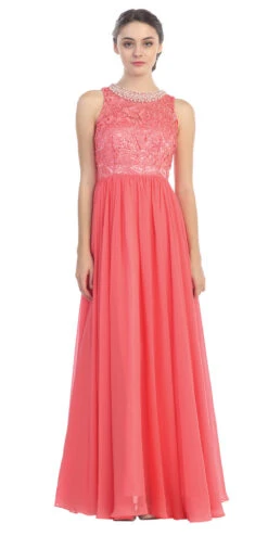 Eureka 5023 Empire Waist Chiffon Gown A-Line Full Length(Empire Waist Chiffon Evening Gown Coral A Line Full Length)