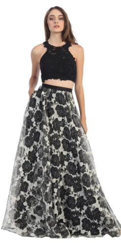 Eureka 4222 Long 2 Piece Lace Top Dress Flower Print(Floor Length 2 Piece Lace Top Dress Black Black Lining Flower Print)