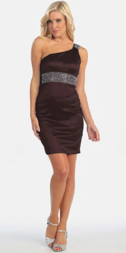 Celavie 2302 One Shoulder Cocktail Dress Stretch Taffeta(One Shoulder Black Cocktail Dress Above Knee Stretch Taffeta)