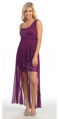 Celavie 2409 One Shoulder Spaghetti Strap High Low Dress(One Shoulder Spaghetti Strap Purple High Low Dress Chiffon)