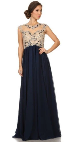 Eureka 3052 Stunning Cap Sleeve Chiffon Long Dress A-Line(Stunning Cap Sleeve Chiffon Long Dress Navy Blue A Line)