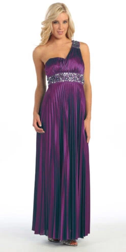 Celavie 2318 Greek One Shoulder Dress Pleated Empire Rhinestones(Greek One Shoulder Dress Plum Pleated Empire Rhinestones)