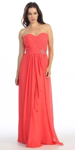 Eureka 2505 Ruched Bodice Layered Skirt Long Gown(Ruched Bodice Layered Skirt Long Coral Formal Gown)