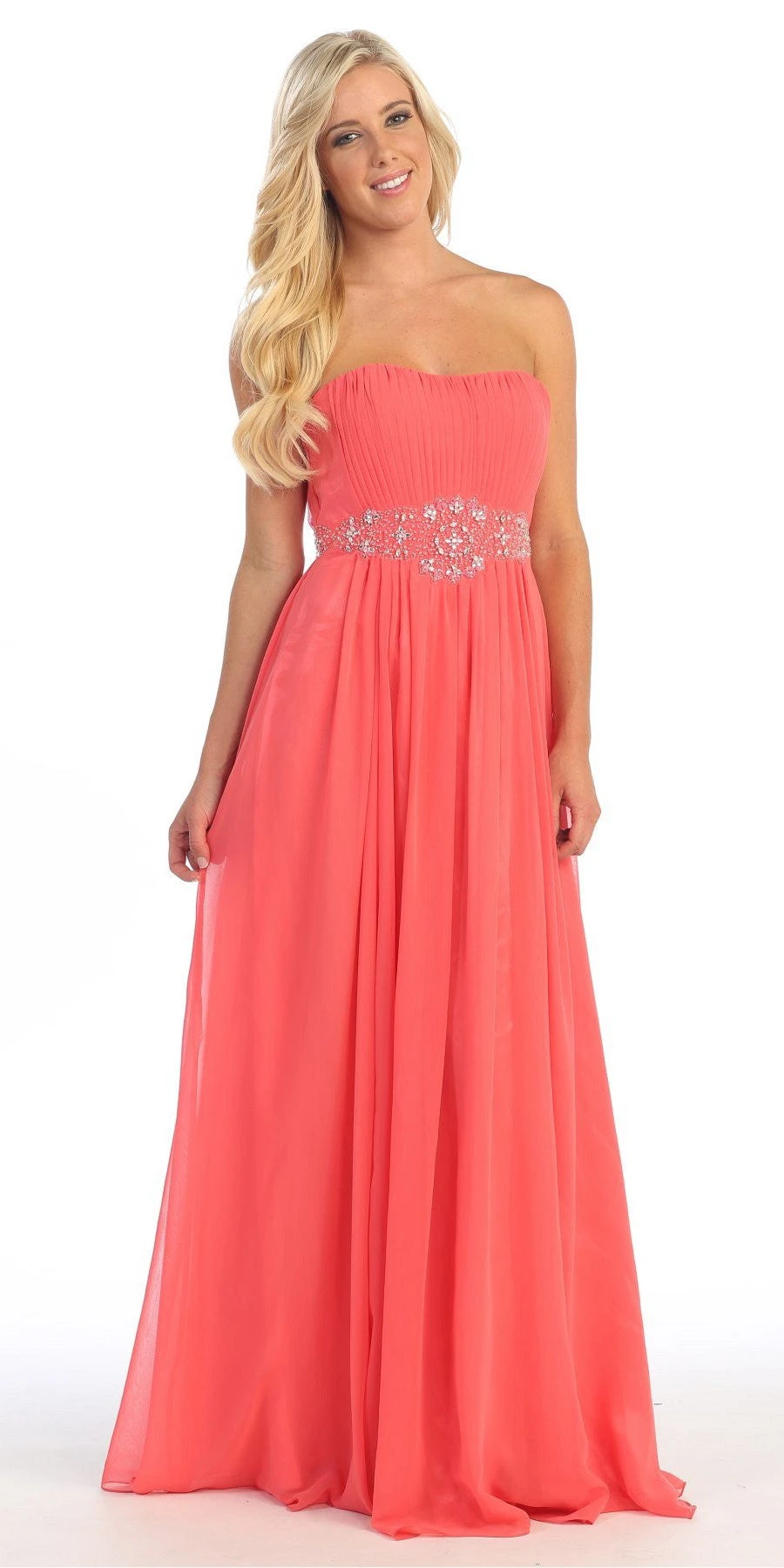 Celavie 3006 A-Line Long Dress Strapless Empire Beaded Waist(A Line Long Prom Dress Coral Strapless Empire Beaded Waist) 1 Celavie 3006 A-Line Long Dress Strapless Empire Beaded Waist(A Line Long Prom Dress Coral Strapless Empire Beaded Waist)