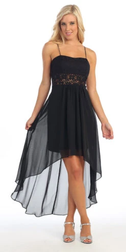 Celavie 2381 High Low Dress Spaghetti Strap Flower Waist Empire(Black High Low Bridesmaid Dress Spaghetti Strap Flower Waist Empire)
