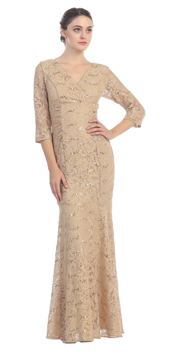 Eureka 2040 V-Neckline Lace Dress 3/4 Length Sleeves(V Neckline Lace Mermaid Dress Gold Long V Neck 3 4 Sleeves) 1 Eureka 2040 V-Neckline Lace Dress 3/4 Length Sleeves(V Neckline Lace Mermaid Dress Gold Long V Neck 3 4 Sleeves)