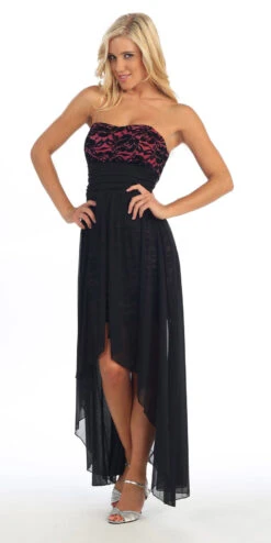 Celavie 2380 High Low Dress Chiffon/Lace Strapless Neck(Black Fuchsia High Low Semi Formal Dress Chiffon Lace Strapless Neck)