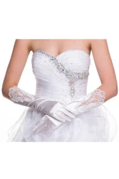 DeKlaire Bridal J011A Mid Length Satin Gloves Lace Embroidery(Mid Length Satin White Gloves With Lace Embroidery)