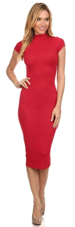 Body Con Knee Length Red Midi Dress Turtle Neck Short Sleeves(Body Con Knee Length Red Midi Dress Turtle Neck Short Sleeves)