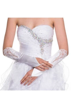DeKlaire Bridal J011B Fingerless Mid Length Satin Gloves Lace Embroidery(White Fingerless Mid Length Satin Gloves With Lace Embroidery)
