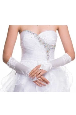 DeKlaire Bridal J012B Fingerless Mid Length Satin Gloves Rhinestone Detail(White Fingerless Mid Length Satin Gloves With Rhinestone Detail)
