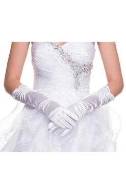 DeKlaire Bridal J012A Mid Length Satin Gloves Rhinestone Detail(White Mid Length Satin Gloves With Rhinestone Detail)